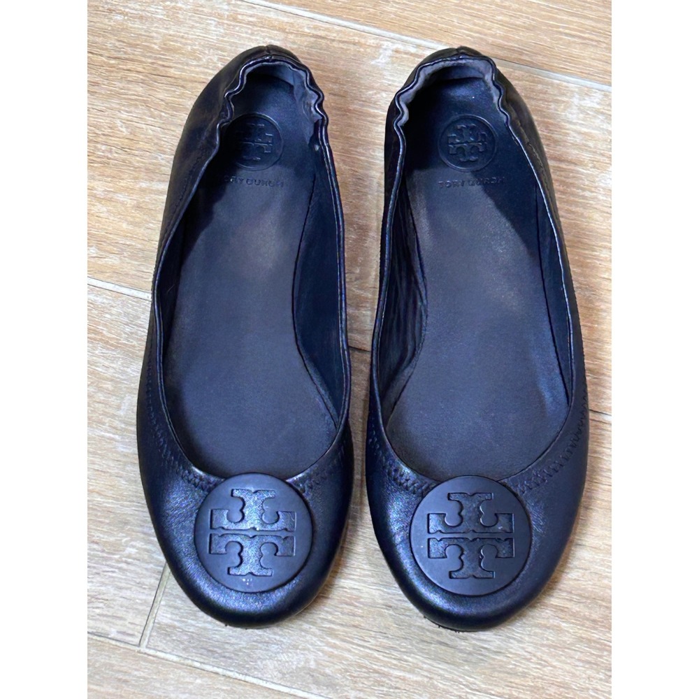 Tory Burch Minnie Travel Ballet Flats black Leather Logo Medallion 7M 6098‎